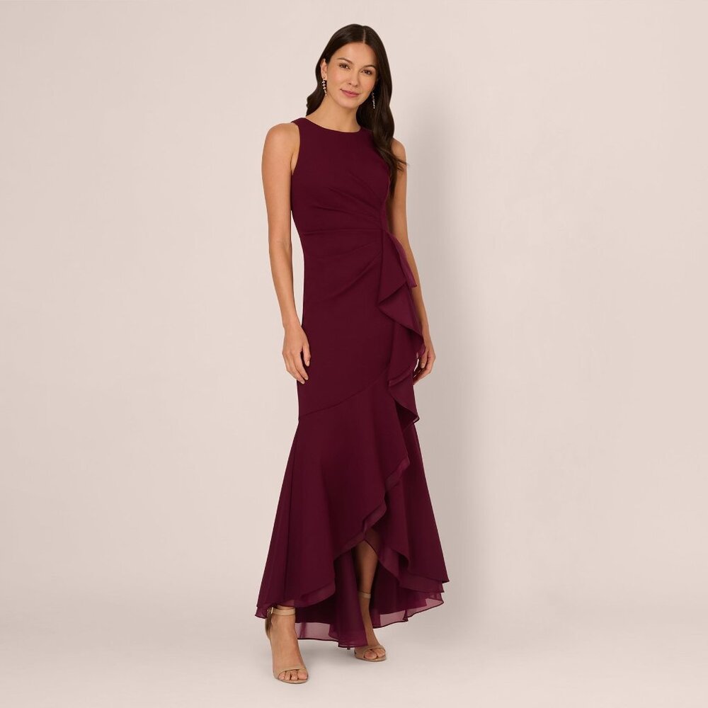 Adrianna Papell High Low Crepe Halter Gown With Organza Draping